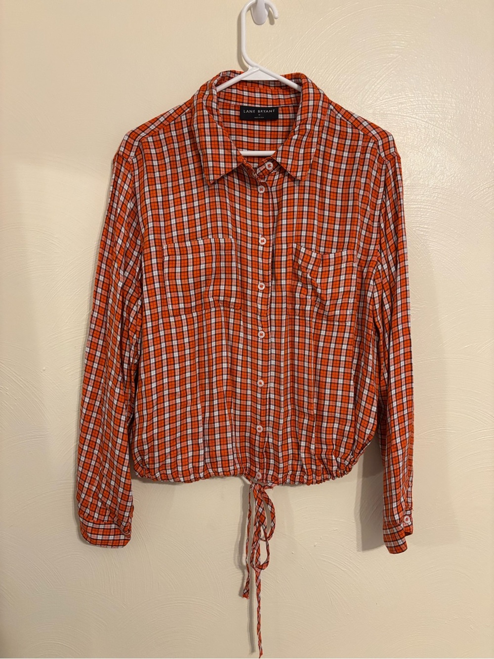 Lane Bryant Plaid Button Down Shirt 12 Orange Drawstring Hem